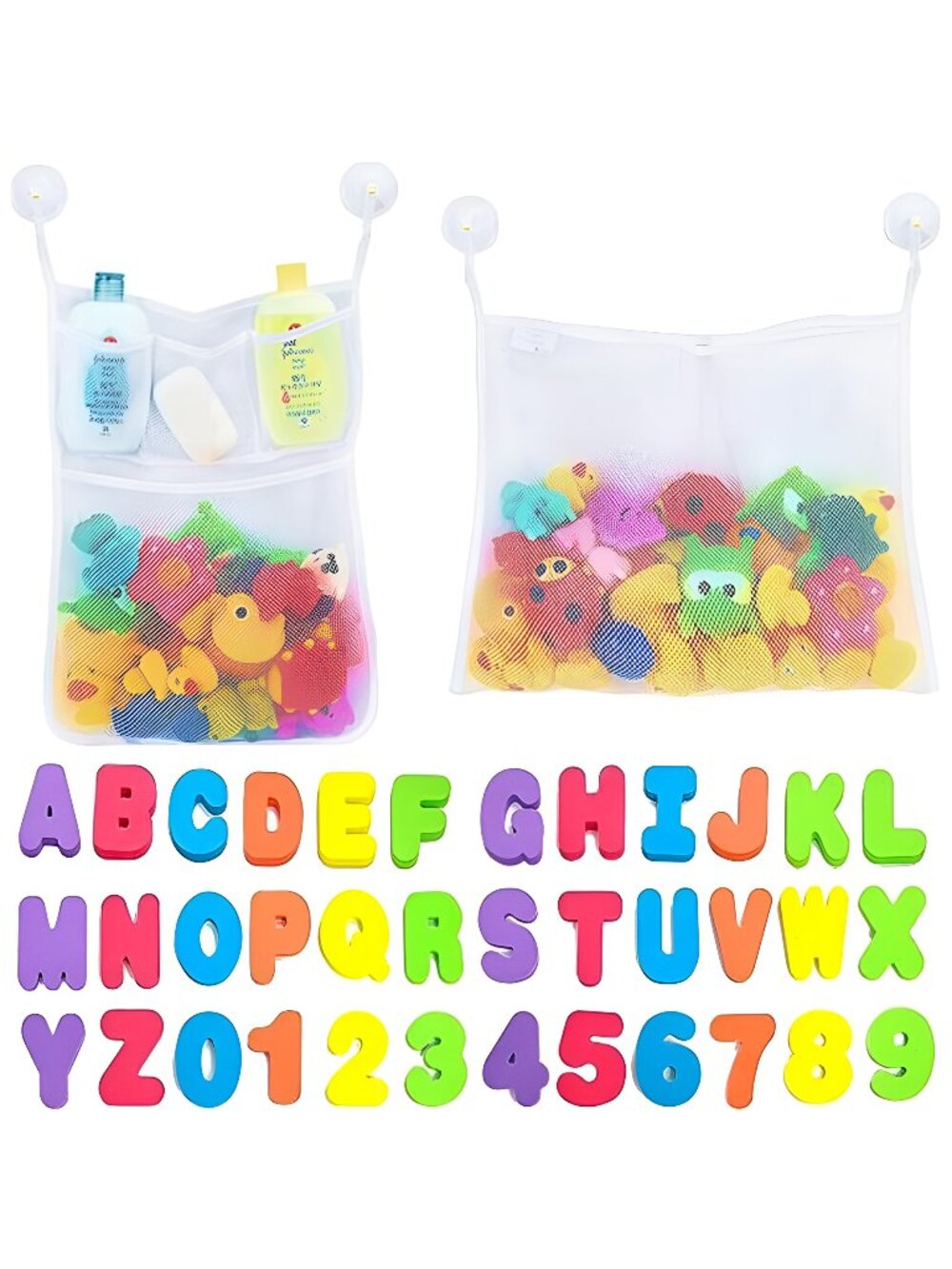 2 x Mesh Bath Toy Organizer + 6 Ultra Strong Hooks + 36 Bath Letters & Numbers